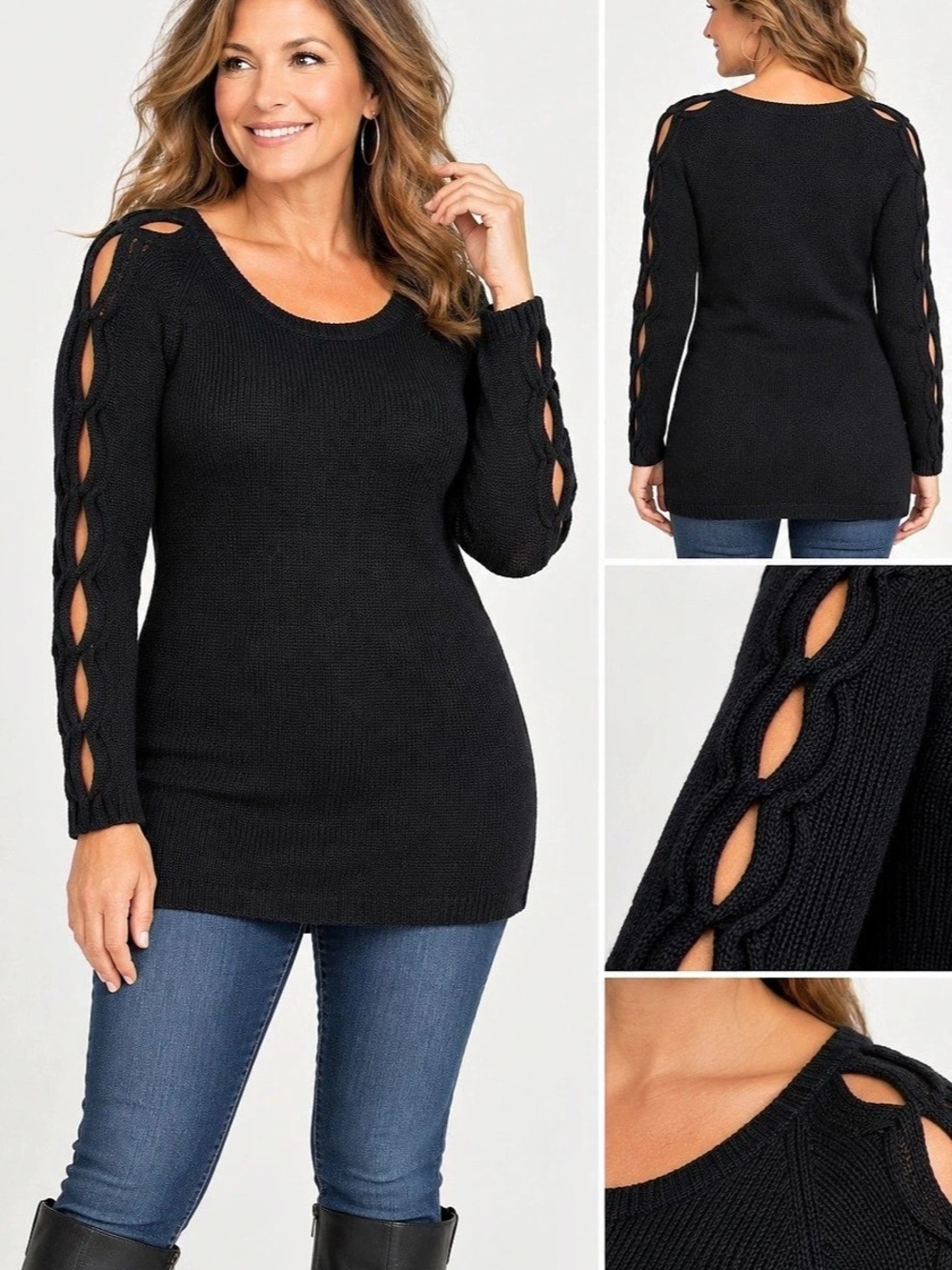 VENUS Black Open-Weave Sleeve Tunic Sweater 🖤